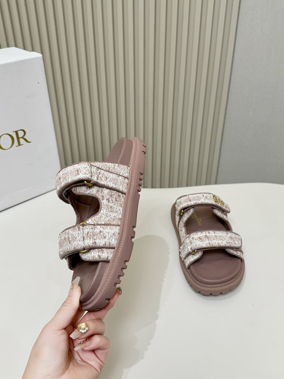 DIOR CLASSIC DOUBLE-STRAP SLIDES 25S IN ROSE BROWN TWEED AND CALFSKIN - 35