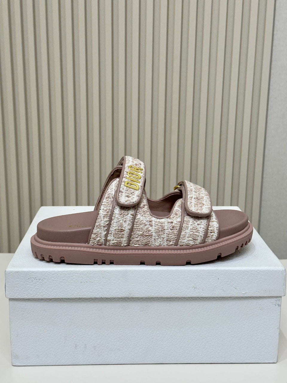 DIOR CLASSIC DOUBLE-STRAP SLIDES 25S IN ROSE BROWN TWEED AND CALFSKIN - 35