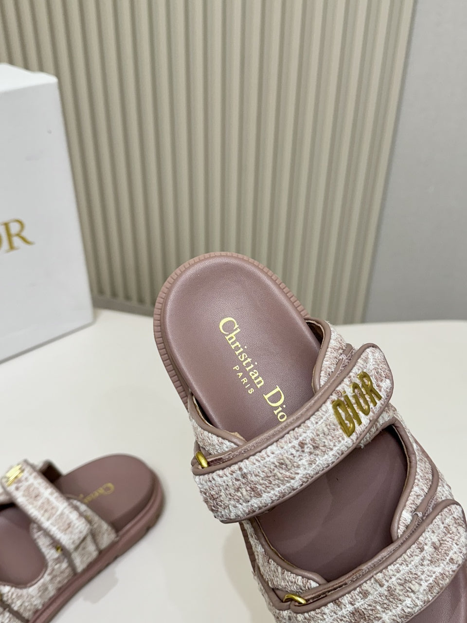 DIOR CLASSIC DOUBLE-STRAP SLIDES 25S IN ROSE BROWN TWEED AND CALFSKIN - 35