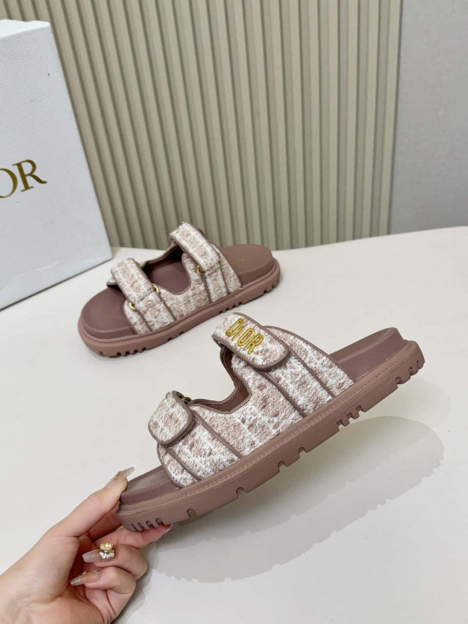 DIOR CLASSIC DOUBLE-STRAP SLIDES 25S IN ROSE BROWN TWEED AND CALFSKIN - 35