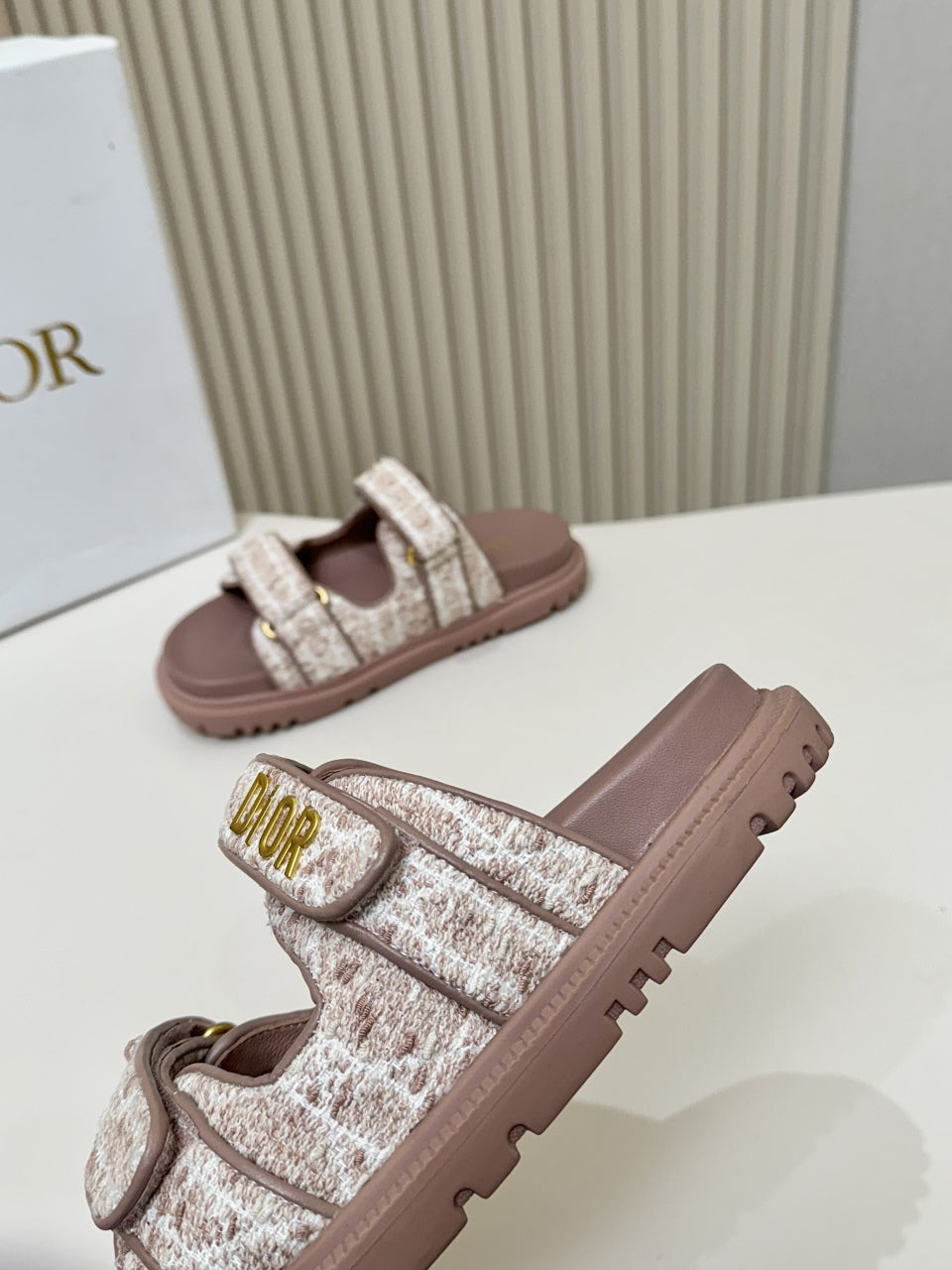 DIOR CLASSIC DOUBLE-STRAP SLIDES 25S IN ROSE BROWN TWEED AND CALFSKIN - 35