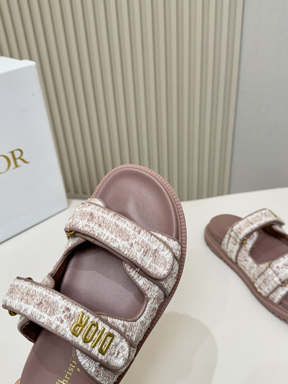 DIOR CLASSIC DOUBLE-STRAP SLIDES 25S IN ROSE BROWN TWEED AND CALFSKIN - 35