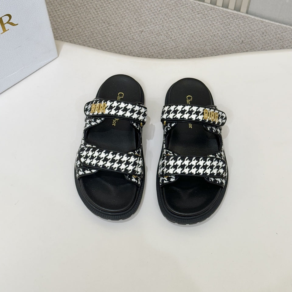 DIOR CLASSIC DOUBLE-STRAP SLIDES 25S IN WHITE MIX BLACK TWEED AND CALFSKIN - 35