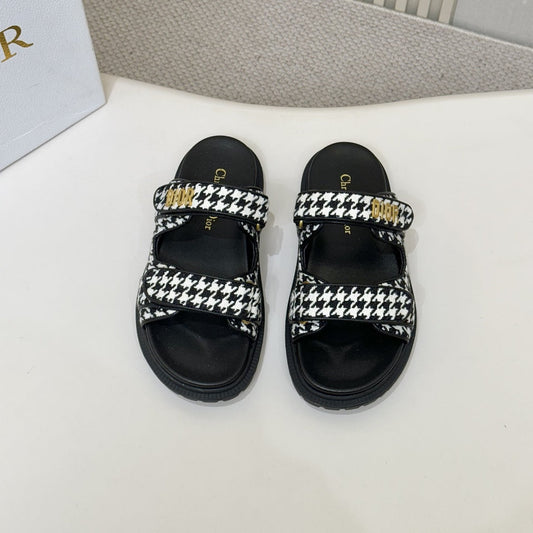 DIOR CLASSIC DOUBLE-STRAP SLIDES 25S IN WHITE MIX BLACK TWEED AND CALFSKIN - 35
