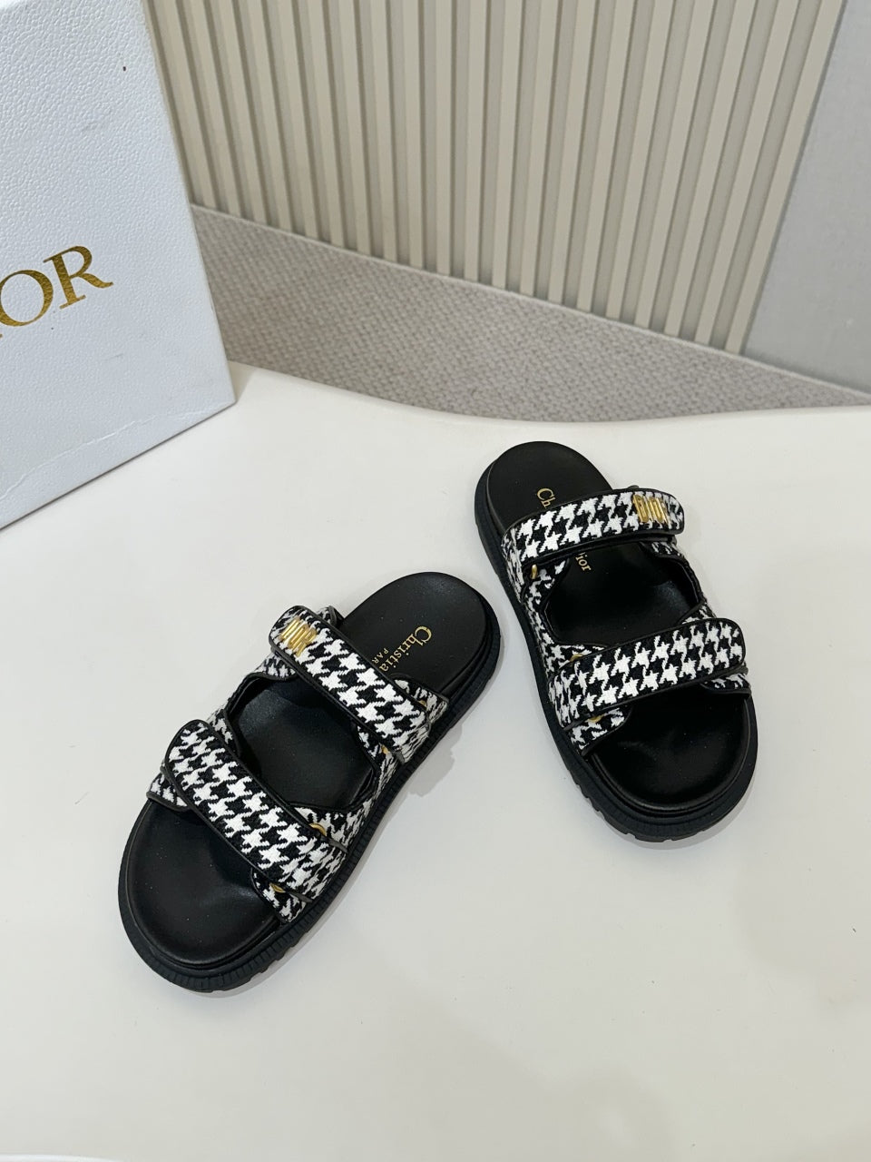DIOR CLASSIC DOUBLE-STRAP SLIDES 25S IN WHITE MIX BLACK TWEED AND CALFSKIN - 35