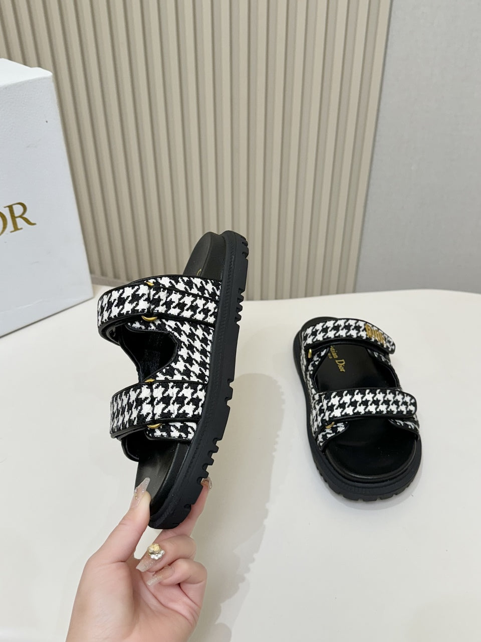 DIOR CLASSIC DOUBLE-STRAP SLIDES 25S IN WHITE MIX BLACK TWEED AND CALFSKIN - 35