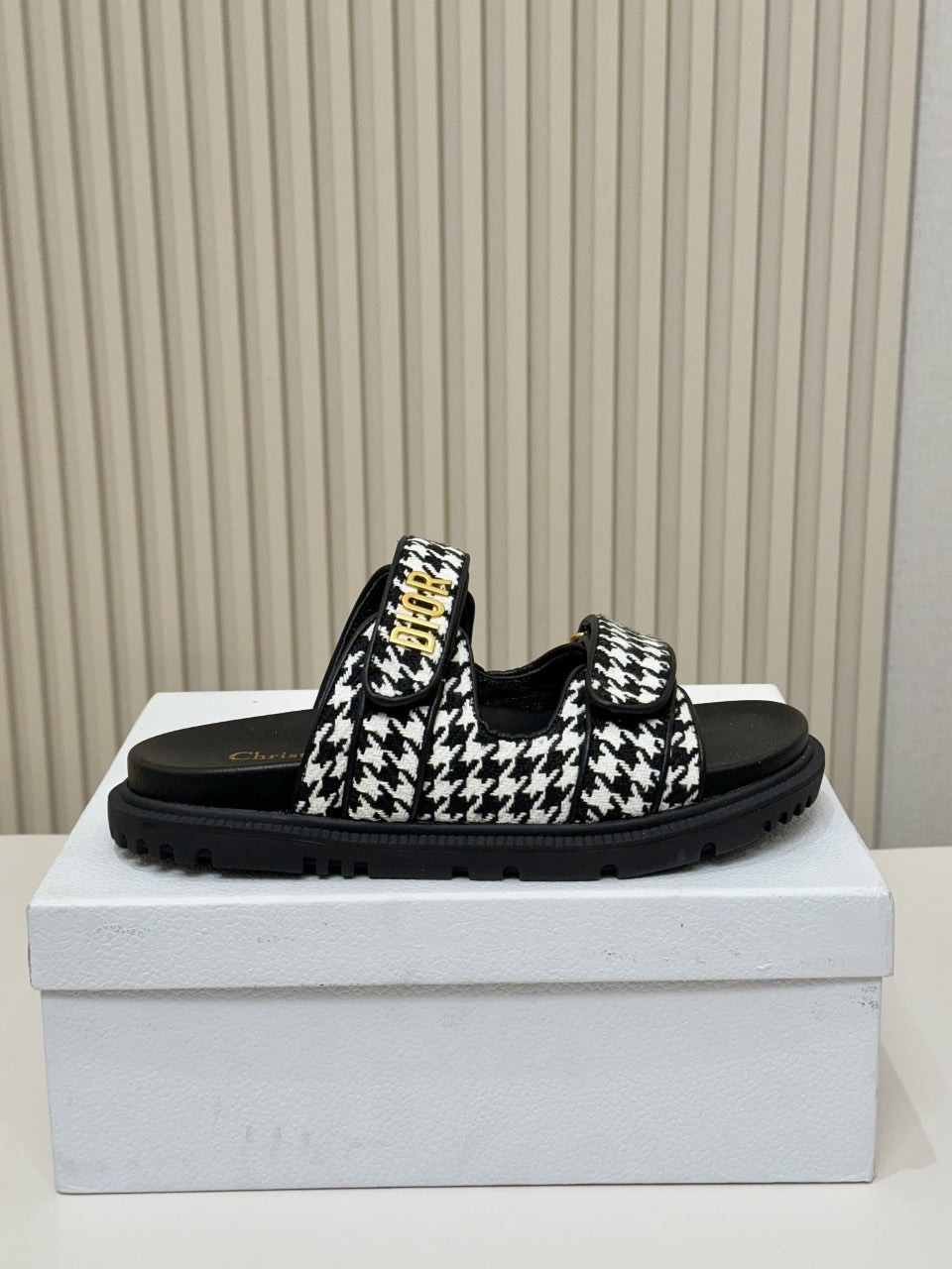 DIOR CLASSIC DOUBLE-STRAP SLIDES 25S IN WHITE MIX BLACK TWEED AND CALFSKIN - 35