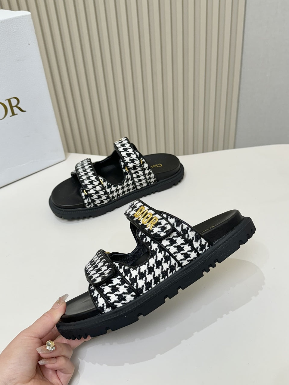 DIOR CLASSIC DOUBLE-STRAP SLIDES 25S IN WHITE MIX BLACK TWEED AND CALFSKIN - 35