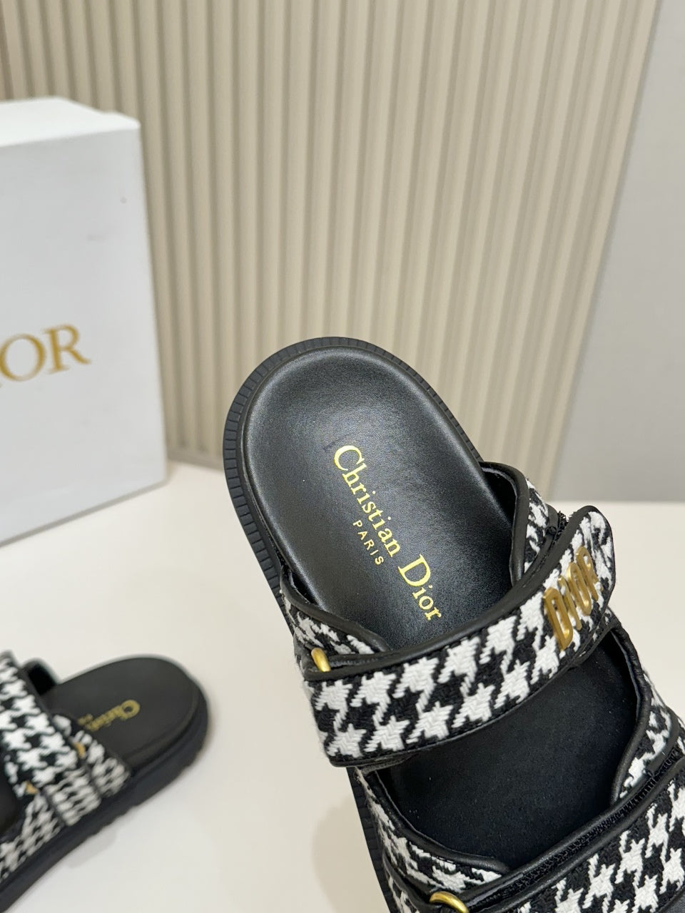 DIOR CLASSIC DOUBLE-STRAP SLIDES 25S IN WHITE MIX BLACK TWEED AND CALFSKIN - 35