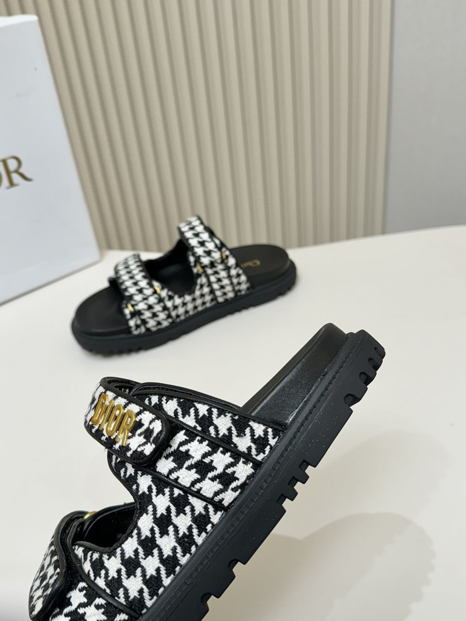 DIOR CLASSIC DOUBLE-STRAP SLIDES 25S IN WHITE MIX BLACK TWEED AND CALFSKIN - 35