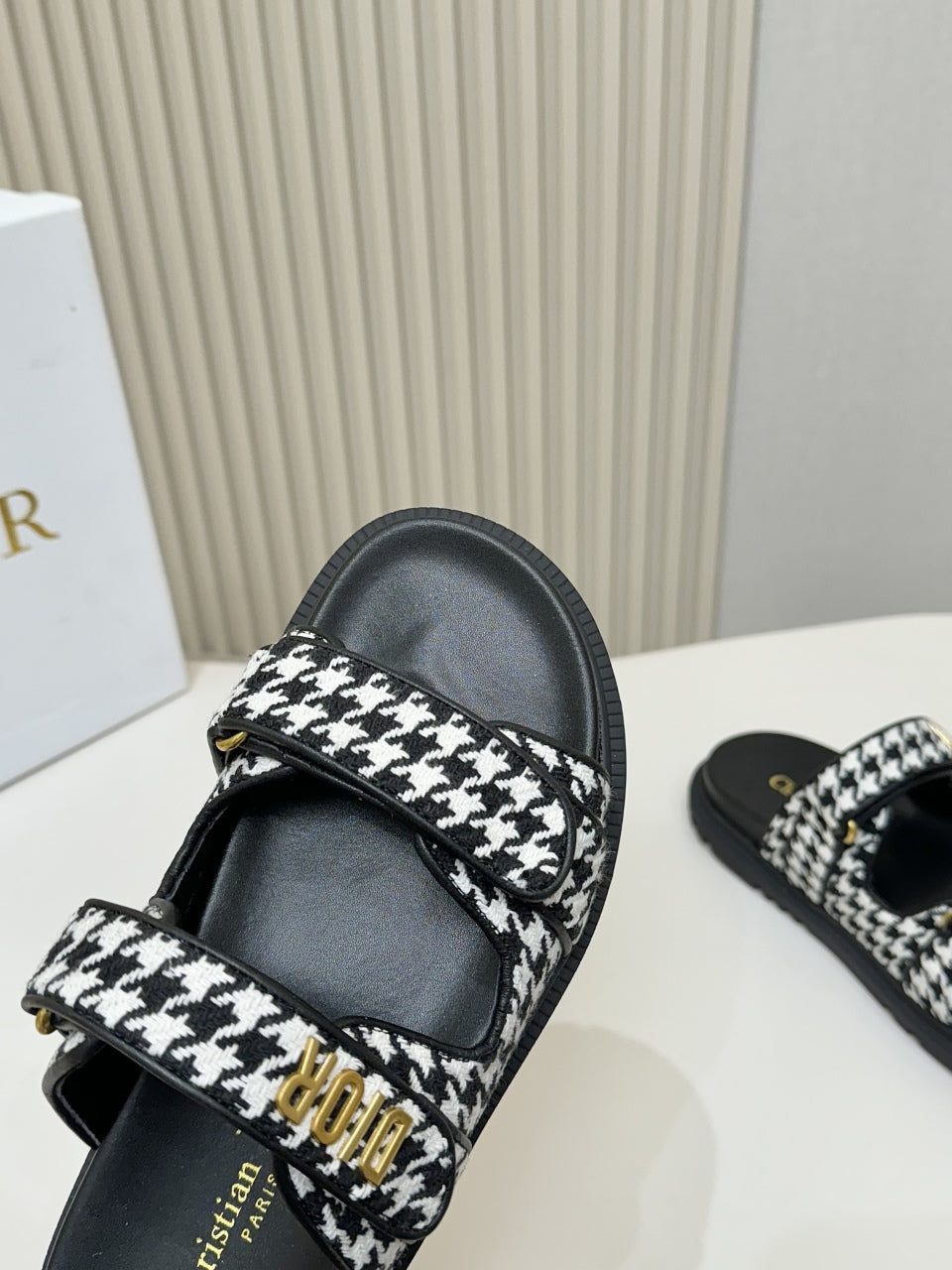 DIOR CLASSIC DOUBLE-STRAP SLIDES 25S IN WHITE MIX BLACK TWEED AND CALFSKIN - 35