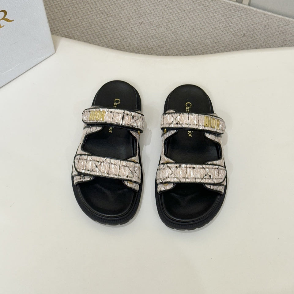 DIOR CLASSIC DOUBLE-STRAP SLIDES 25S IN SOFT ROSE BEIGE TWEED AND BLACK CALFSKIN - 35