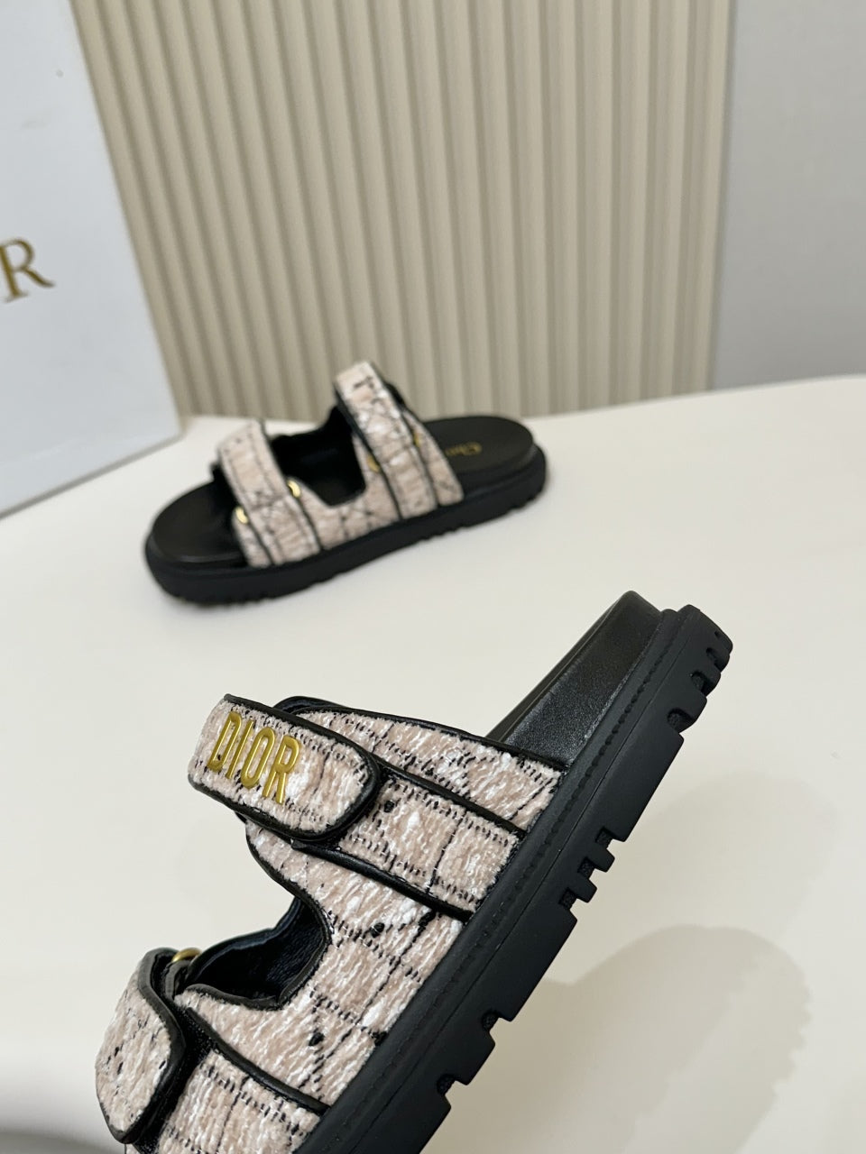 DIOR CLASSIC DOUBLE-STRAP SLIDES 25S IN SOFT ROSE BEIGE TWEED AND BLACK CALFSKIN - 35