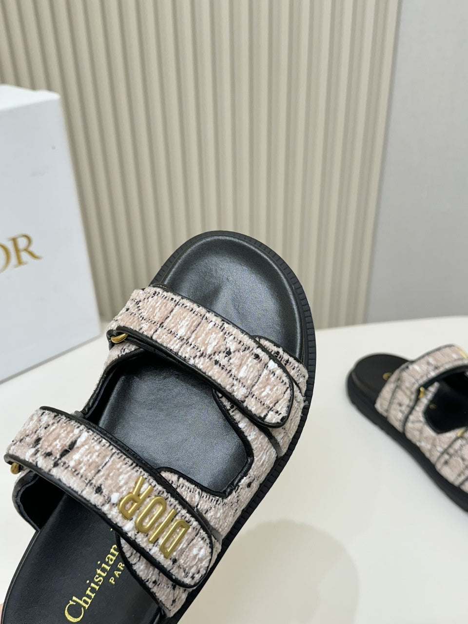 DIOR CLASSIC DOUBLE-STRAP SLIDES 25S IN SOFT ROSE BEIGE TWEED AND BLACK CALFSKIN - 35