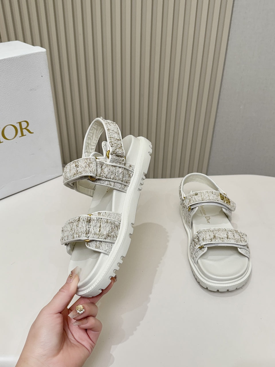 DIOR BACK-STRAP SANDALS 25S IN WHITE TWEED AND CALFSKIN - 35