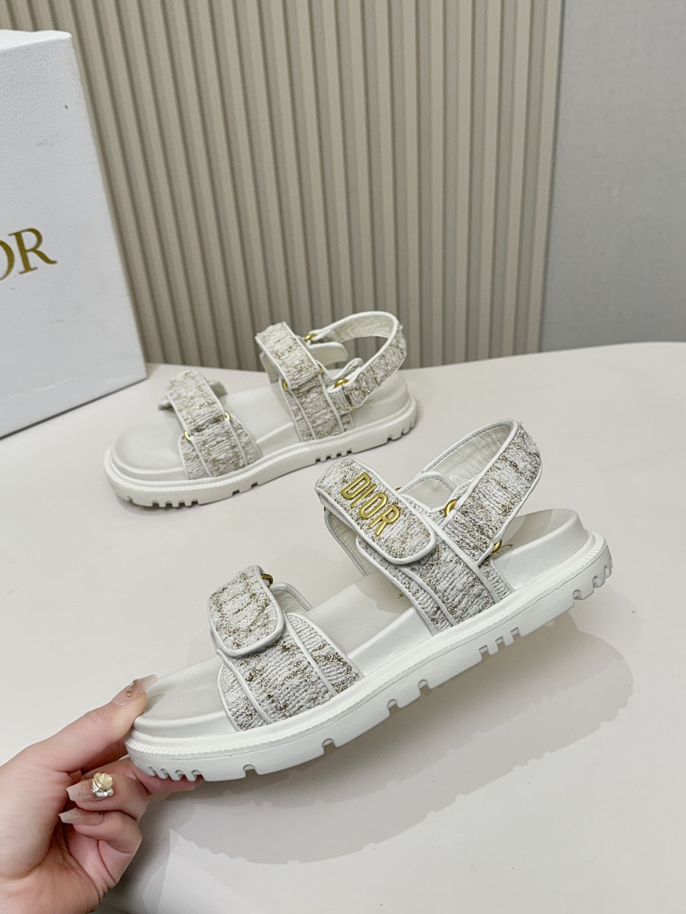 DIOR BACK-STRAP SANDALS 25S IN WHITE TWEED AND CALFSKIN - 35