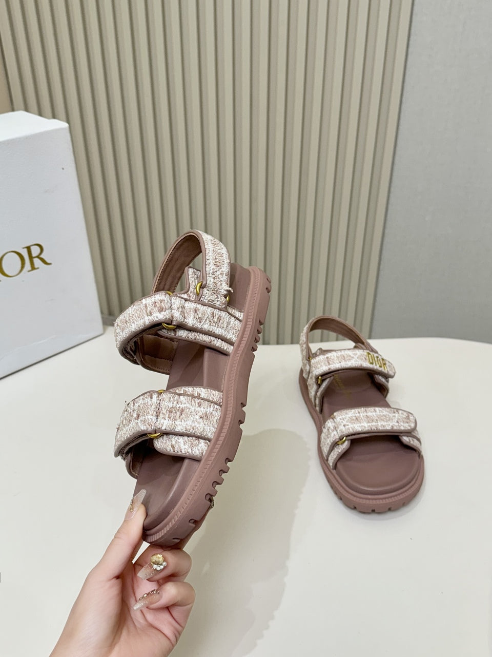 DIOR BACK-STRAP SANDALS 25S IN DEEP MAUVE BROWN TWEED AND CALFSKIN - 35