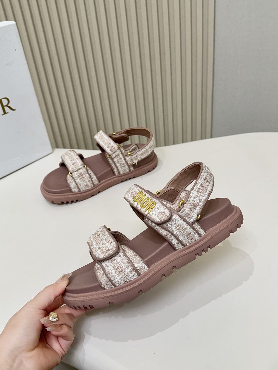 DIOR BACK-STRAP SANDALS 25S IN DEEP MAUVE BROWN TWEED AND CALFSKIN - 35