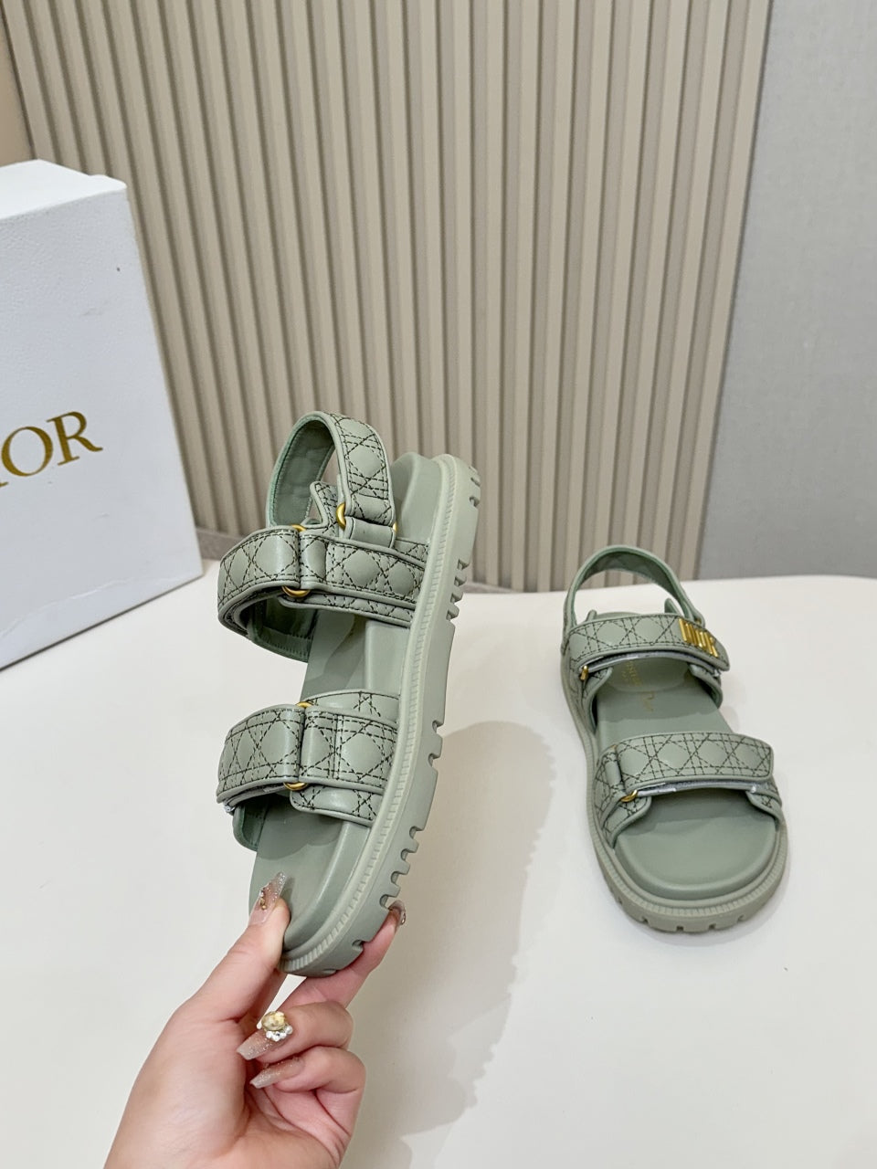 DIOR BACK-STRAP SANDALS 25S IN PALE TEAL GRAY CALFSKIN - 35