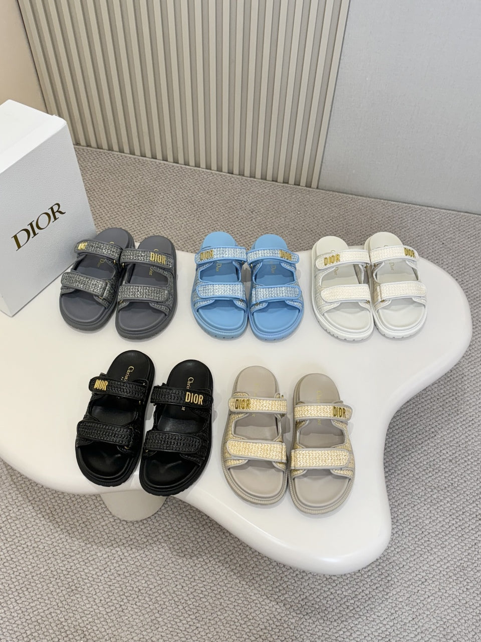 DIOR CLASSIC DOUBLE-STRAP SLIDES 25S IN BEIGE RAFFIA AND GREY CALFSKIN - 35