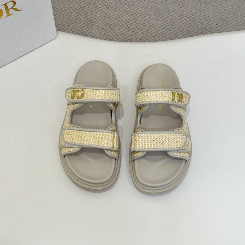 DIOR CLASSIC DOUBLE-STRAP SLIDES 25S IN BEIGE RAFFIA AND GREY CALFSKIN - 35