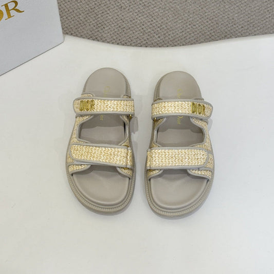 DIOR CLASSIC DOUBLE-STRAP SLIDES 25S IN BEIGE RAFFIA AND GREY CALFSKIN - 35