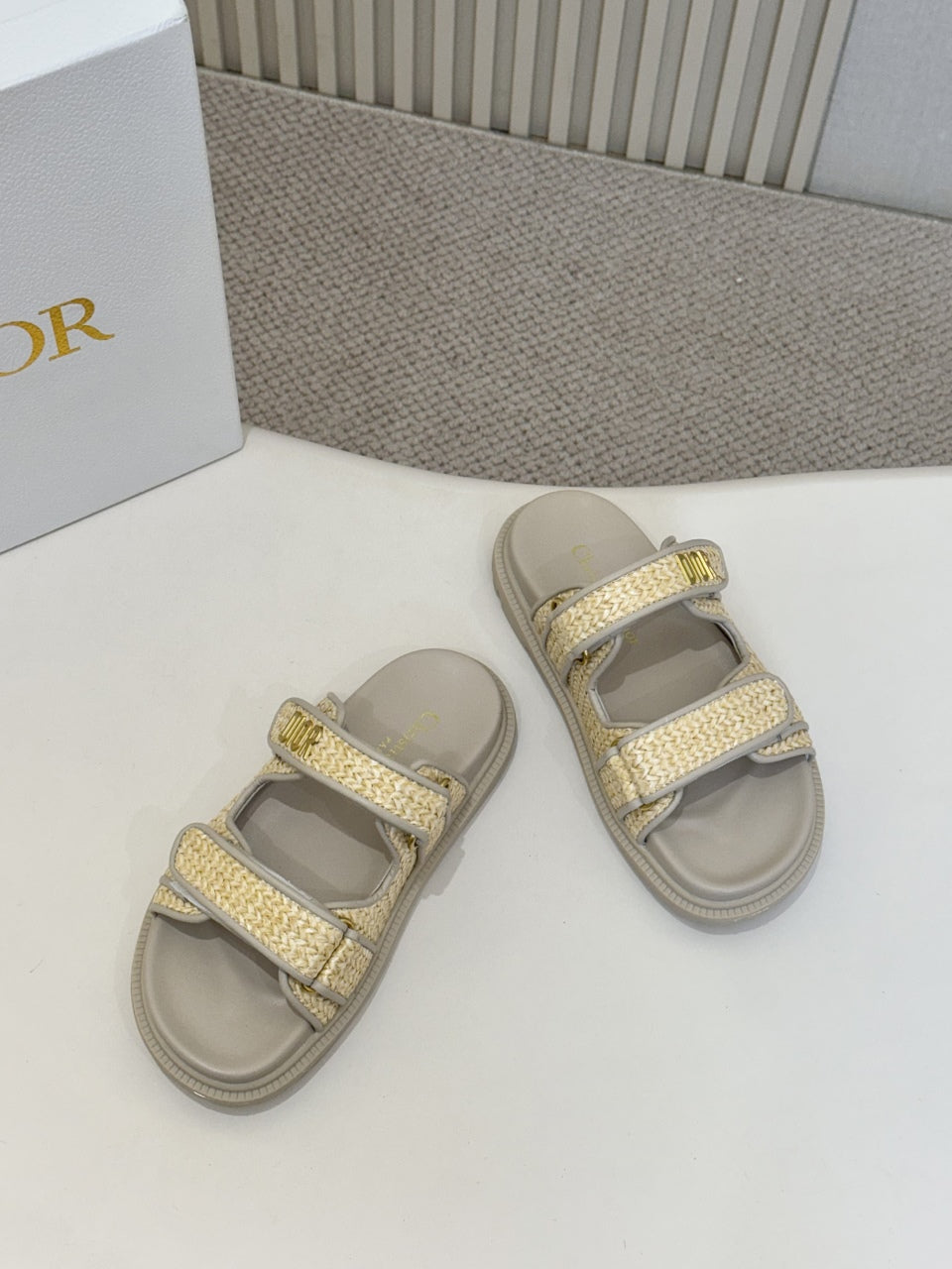 DIOR CLASSIC DOUBLE-STRAP SLIDES 25S IN BEIGE RAFFIA AND GREY CALFSKIN - 35