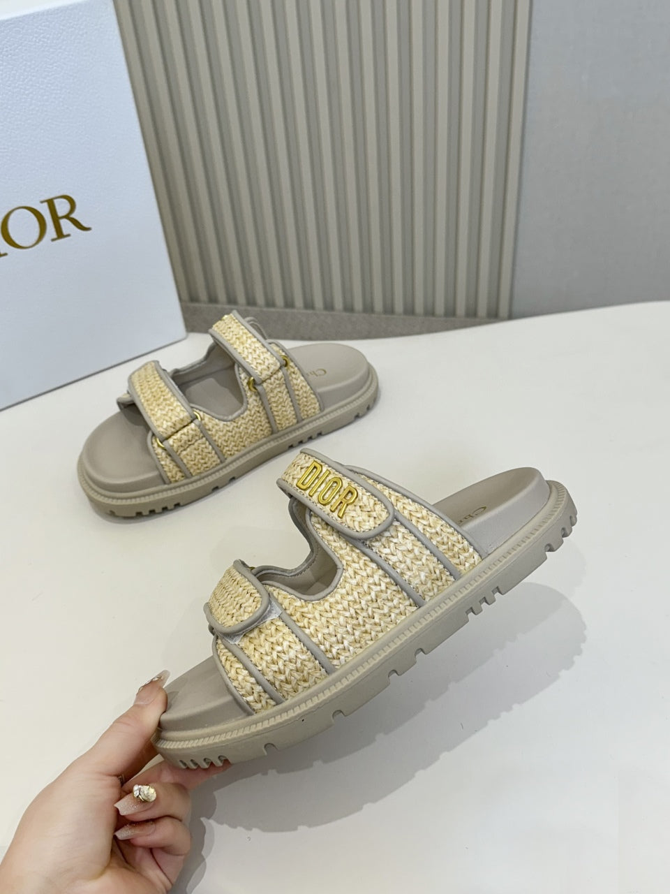 DIOR CLASSIC DOUBLE-STRAP SLIDES 25S IN BEIGE RAFFIA AND GREY CALFSKIN - 35
