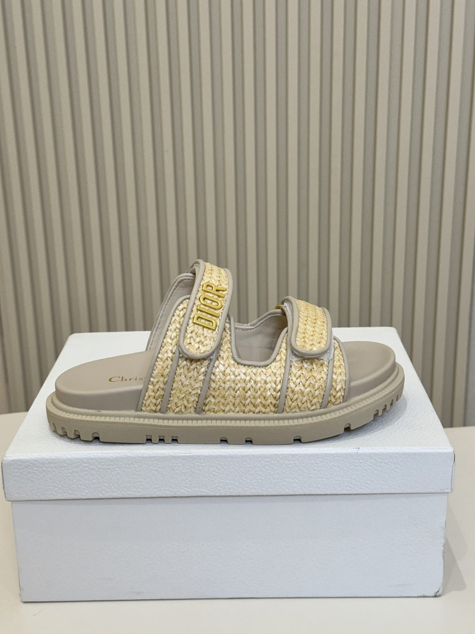 DIOR CLASSIC DOUBLE-STRAP SLIDES 25S IN BEIGE RAFFIA AND GREY CALFSKIN - 35