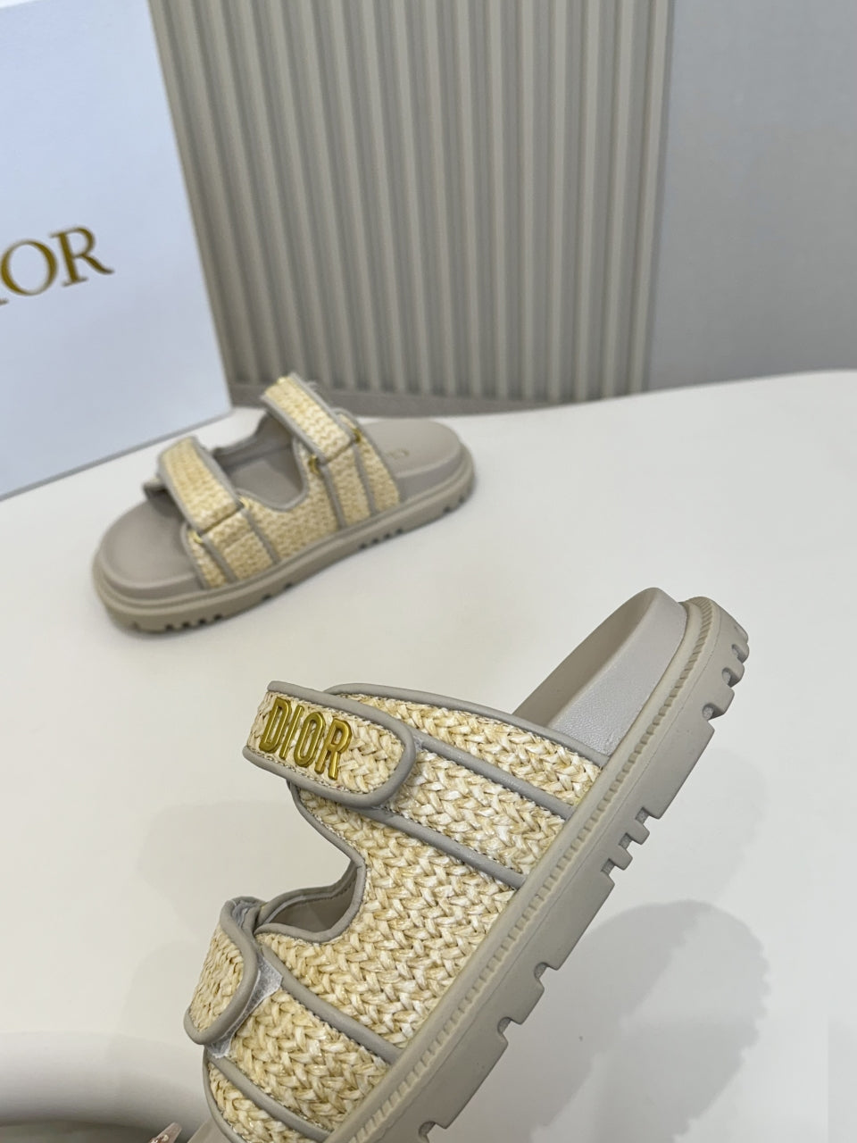 DIOR CLASSIC DOUBLE-STRAP SLIDES 25S IN BEIGE RAFFIA AND GREY CALFSKIN - 35