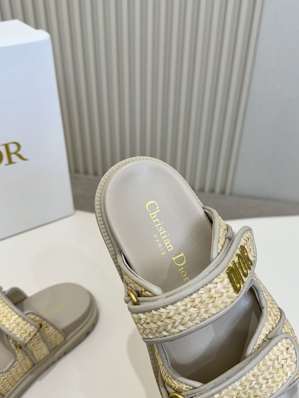DIOR CLASSIC DOUBLE-STRAP SLIDES 25S IN BEIGE RAFFIA AND GREY CALFSKIN - 35