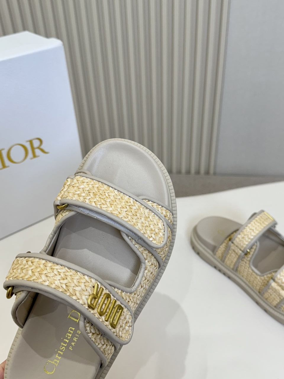 DIOR CLASSIC DOUBLE-STRAP SLIDES 25S IN BEIGE RAFFIA AND GREY CALFSKIN - 35