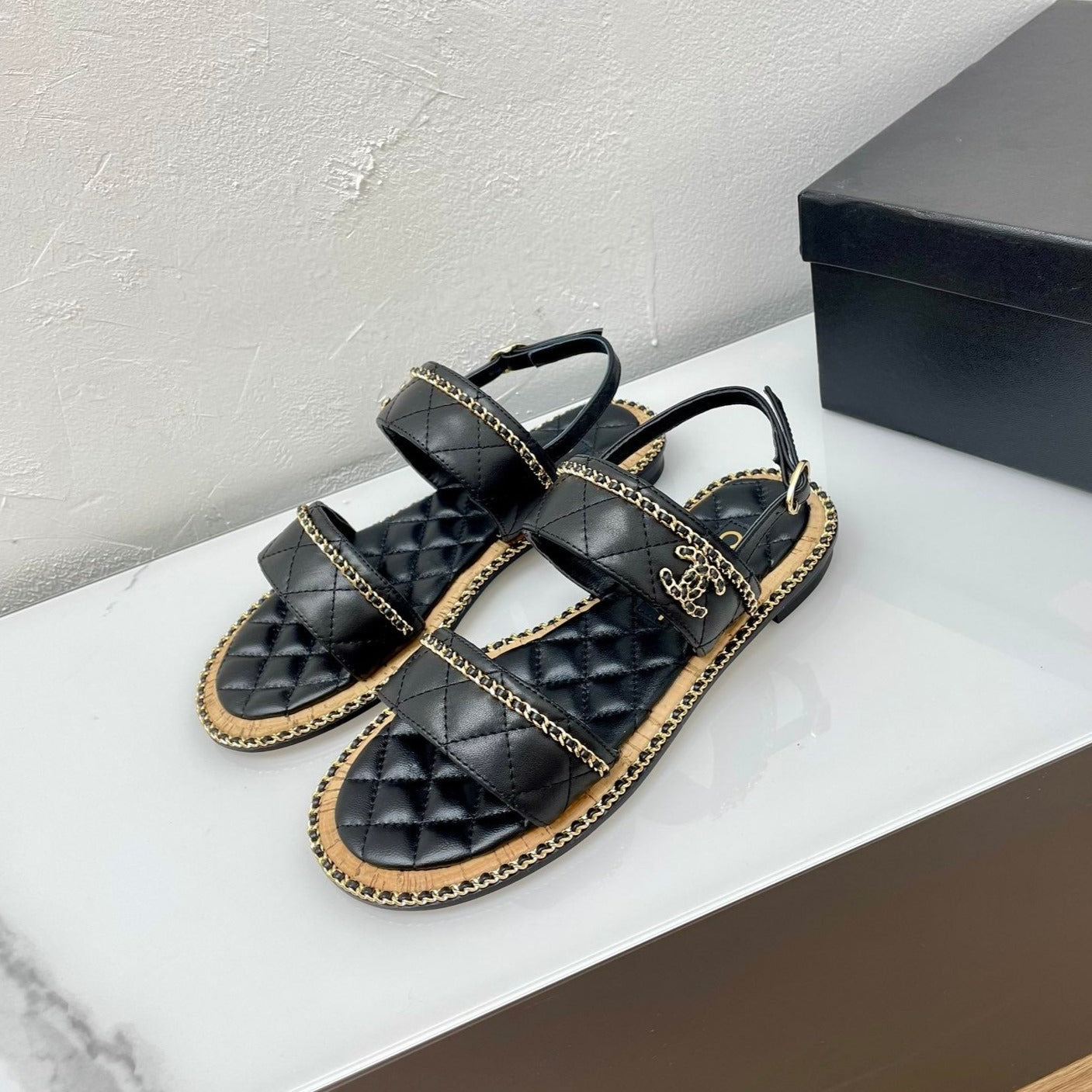 DOUBLE STRAPS SANDALS IN BLACK LAMBSKIN - 35