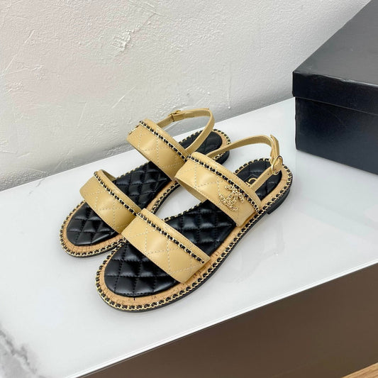DOUBLE STRAPS SANDALS IN YELLOW CREAM LAMBSKIN - 35