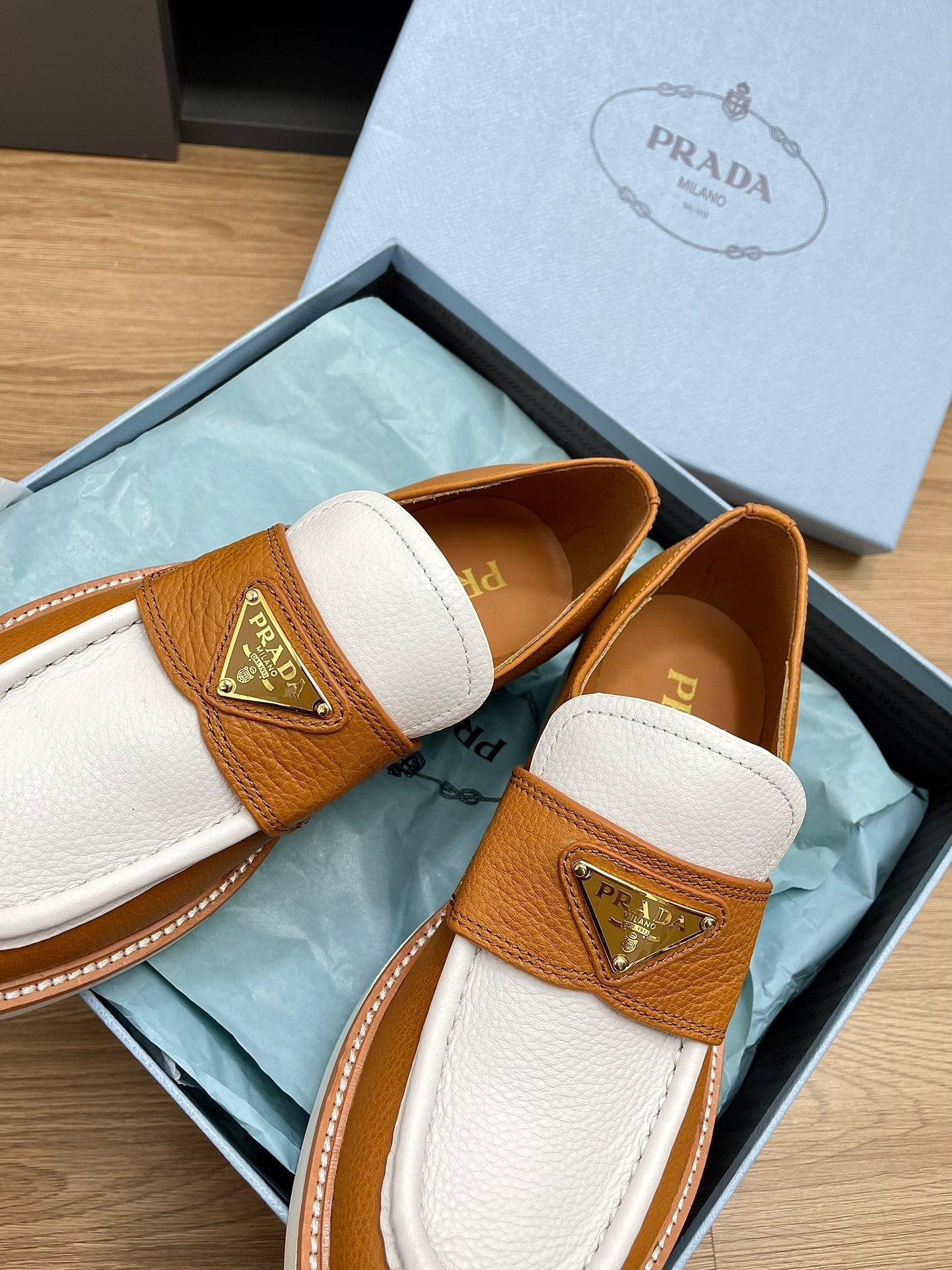 PRA CHOCOLATE LOAFERS WHITE AND BRONZE CALFSKIN - 34