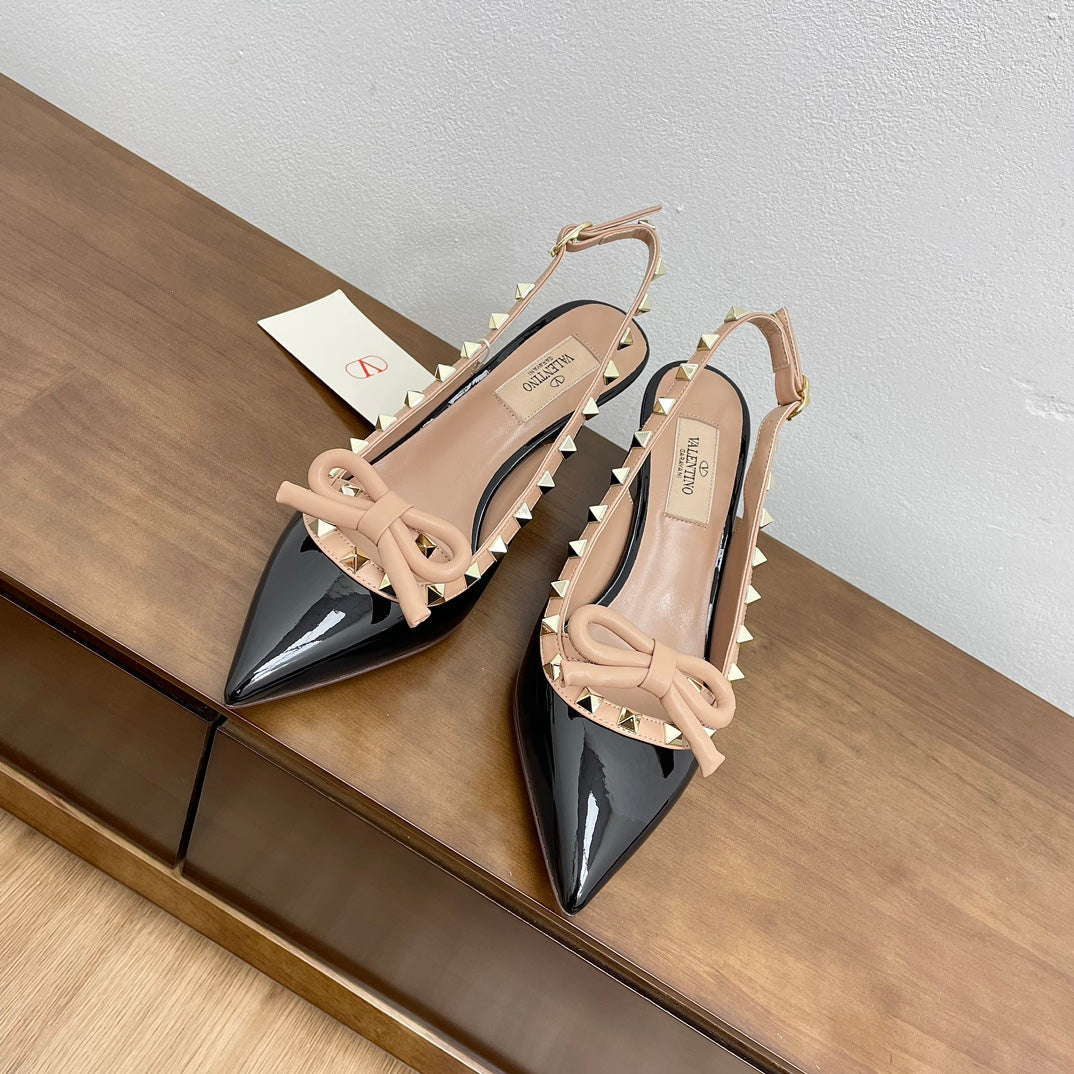 ROCKSTUD BOW SLINGBACK BLACK MIX NUDE TAN PATENT LEATHER PUMP 60MM - 35
