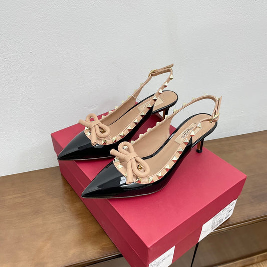 ROCKSTUD BOW SLINGBACK BLACK MIX NUDE TAN PATENT LEATHER PUMP 60MM - 35