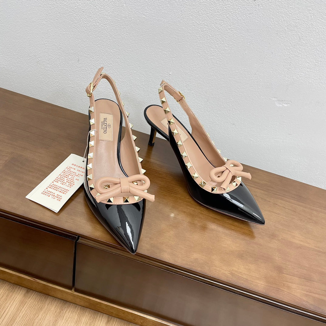 ROCKSTUD BOW SLINGBACK BLACK MIX NUDE TAN PATENT LEATHER PUMP 60MM - 35