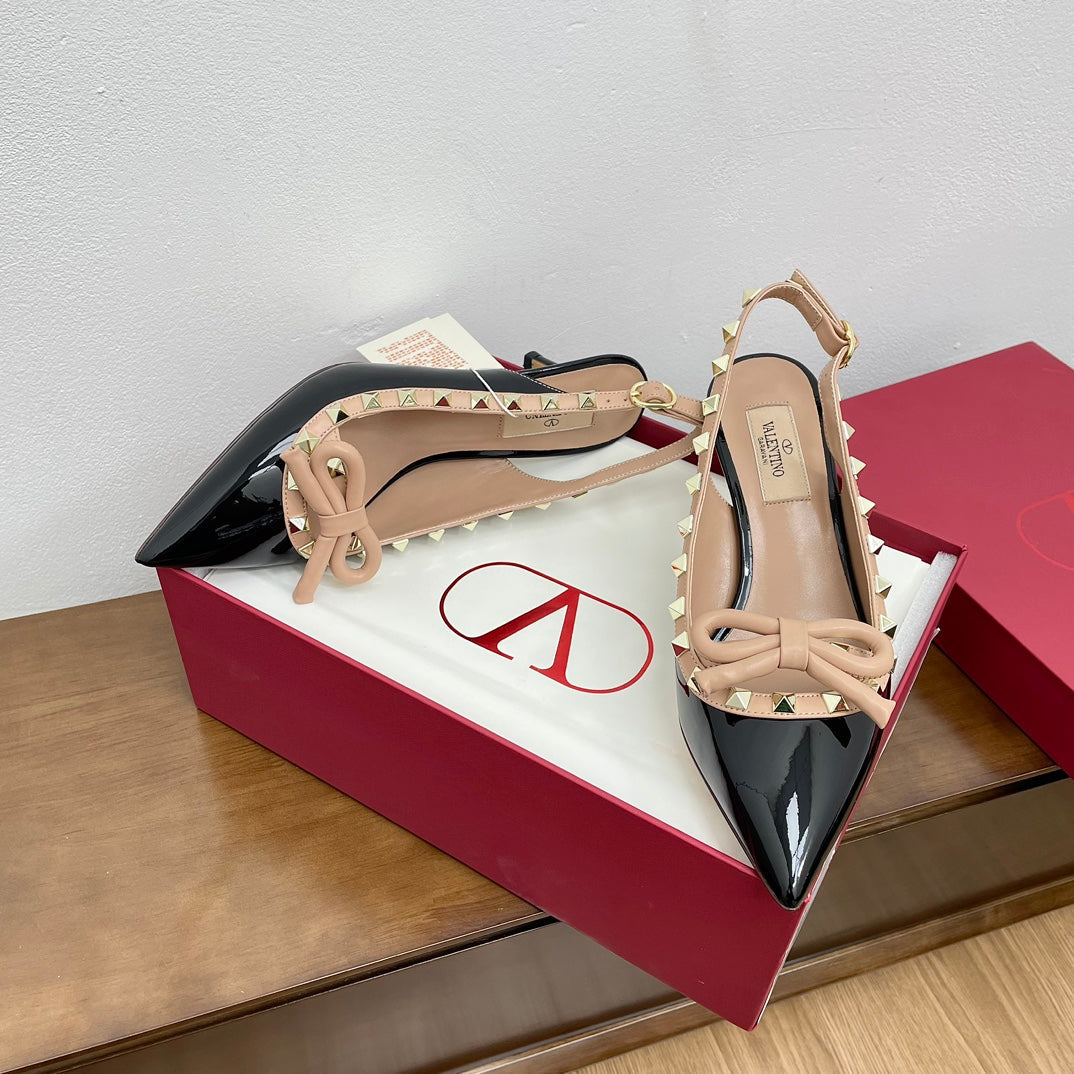 ROCKSTUD BOW SLINGBACK BLACK MIX NUDE TAN PATENT LEATHER PUMP 60MM - 35