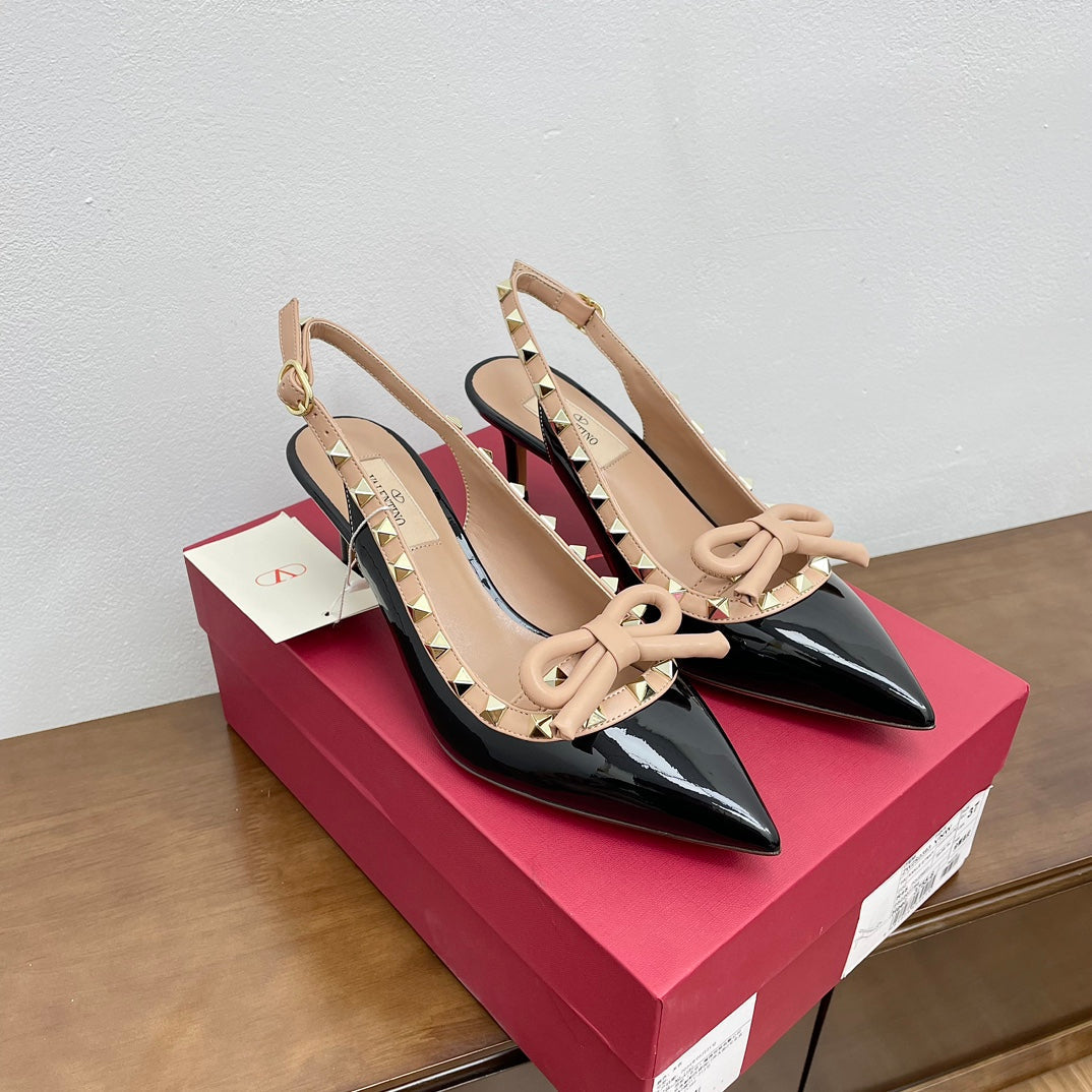 ROCKSTUD BOW SLINGBACK BLACK MIX NUDE TAN PATENT LEATHER PUMP 60MM - 35