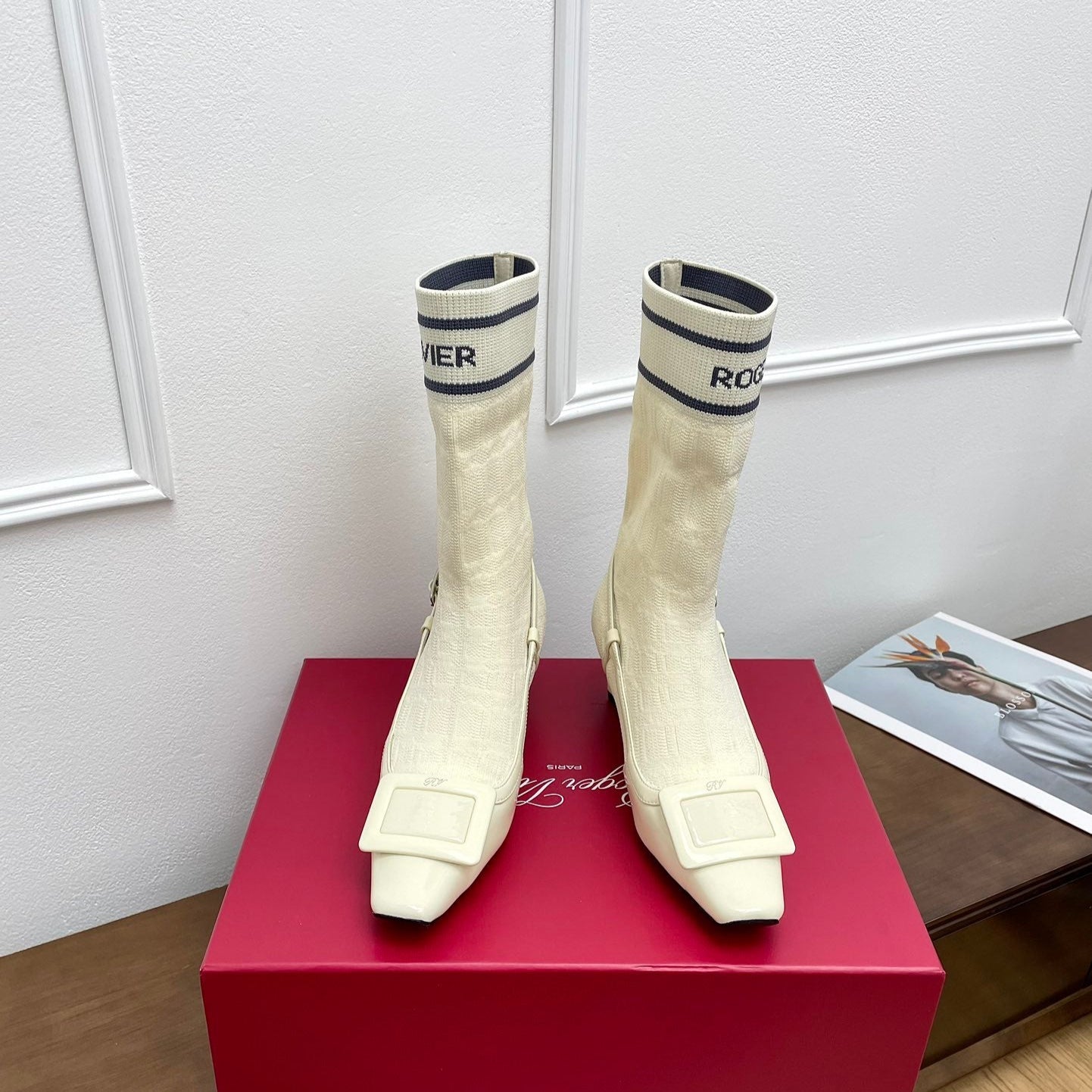 BELLE VIVIER SOCK LACQUERED BUCKLE ANKLE BOOTS IN OFF WHITE CALFSKIN AND TECHNICAL FABRIC - 35