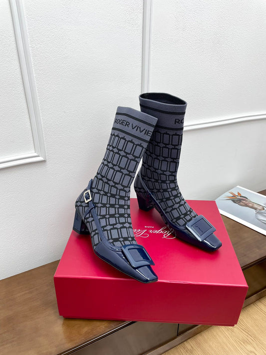 BELLE VIVIER SOCK LACQUERED BUCKLE ANKLE BOOTS IN NAVY BLUE CALFSKIN AND TECHNICAL FABRIC - 35