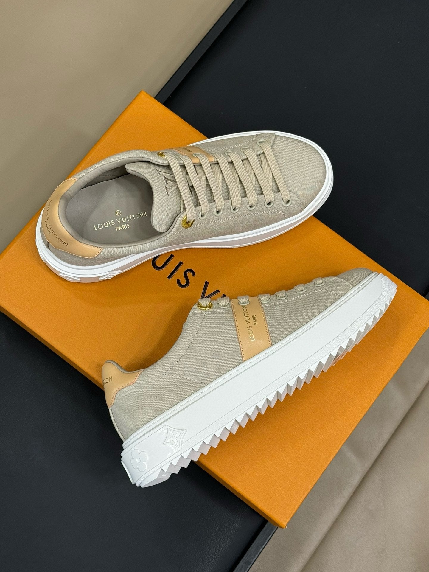 LV TIME OUT SNEAKER IN PASTEL GRAY MIX MACAROON GOLD CANVAS - 34