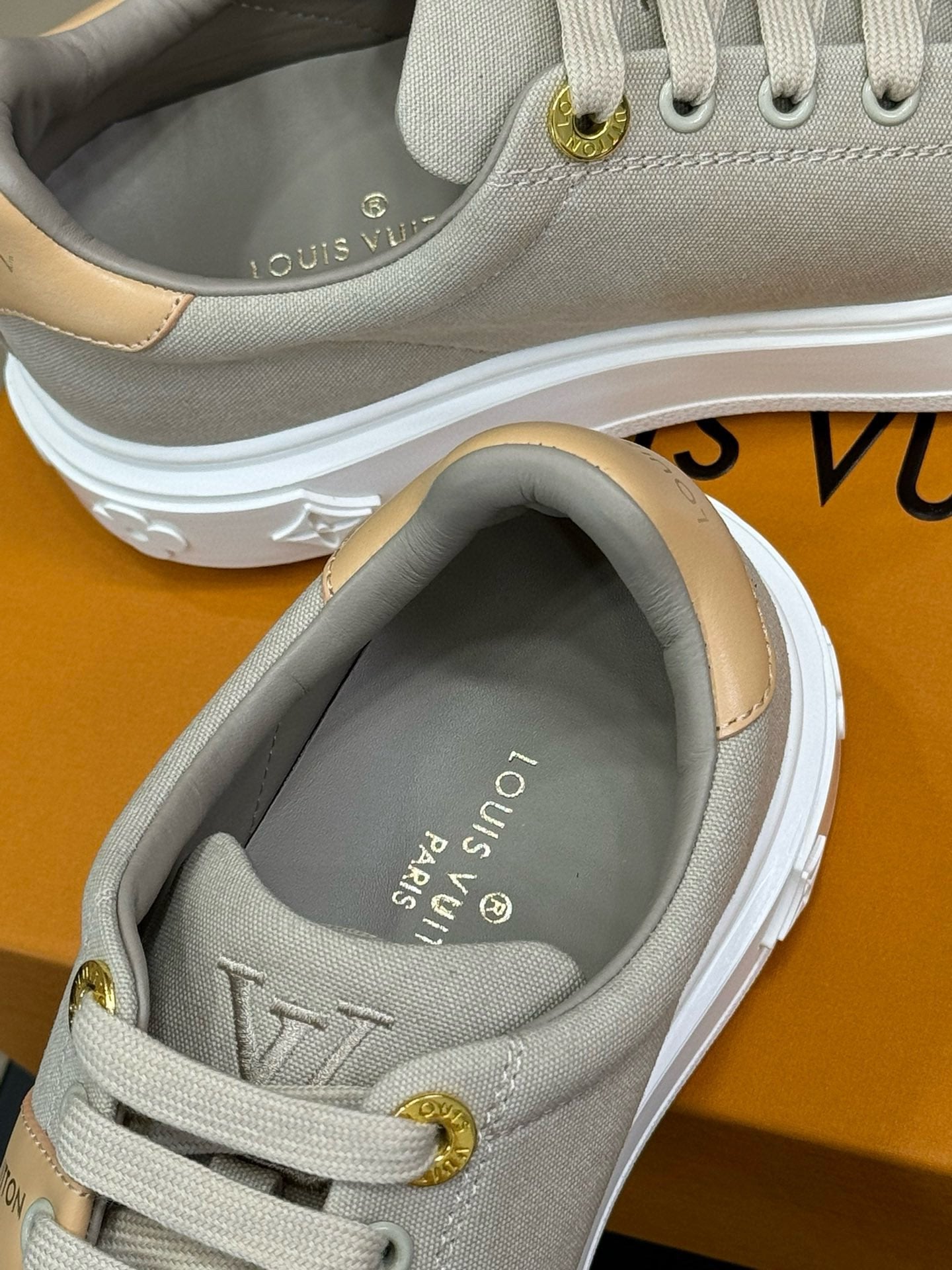 LV TIME OUT SNEAKER IN PASTEL GRAY MIX MACAROON GOLD CANVAS - 34