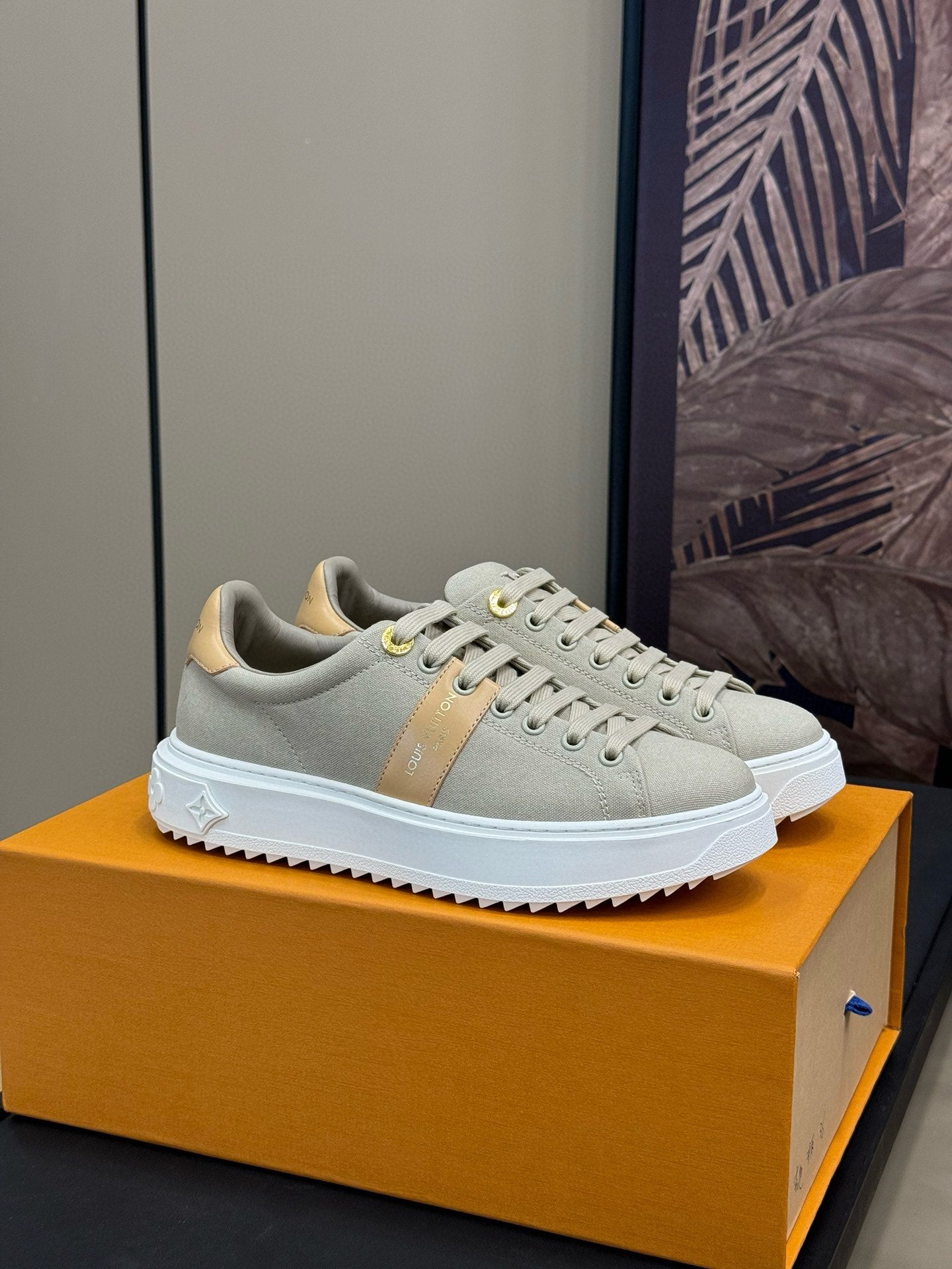 LV TIME OUT SNEAKER IN PASTEL GRAY MIX MACAROON GOLD CANVAS - 34