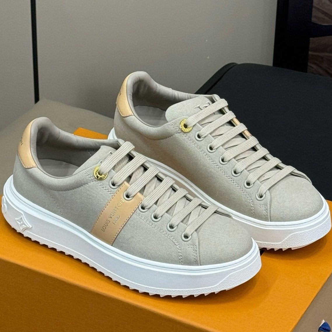 LV TIME OUT SNEAKER IN PASTEL GRAY MIX MACAROON GOLD CANVAS - 34