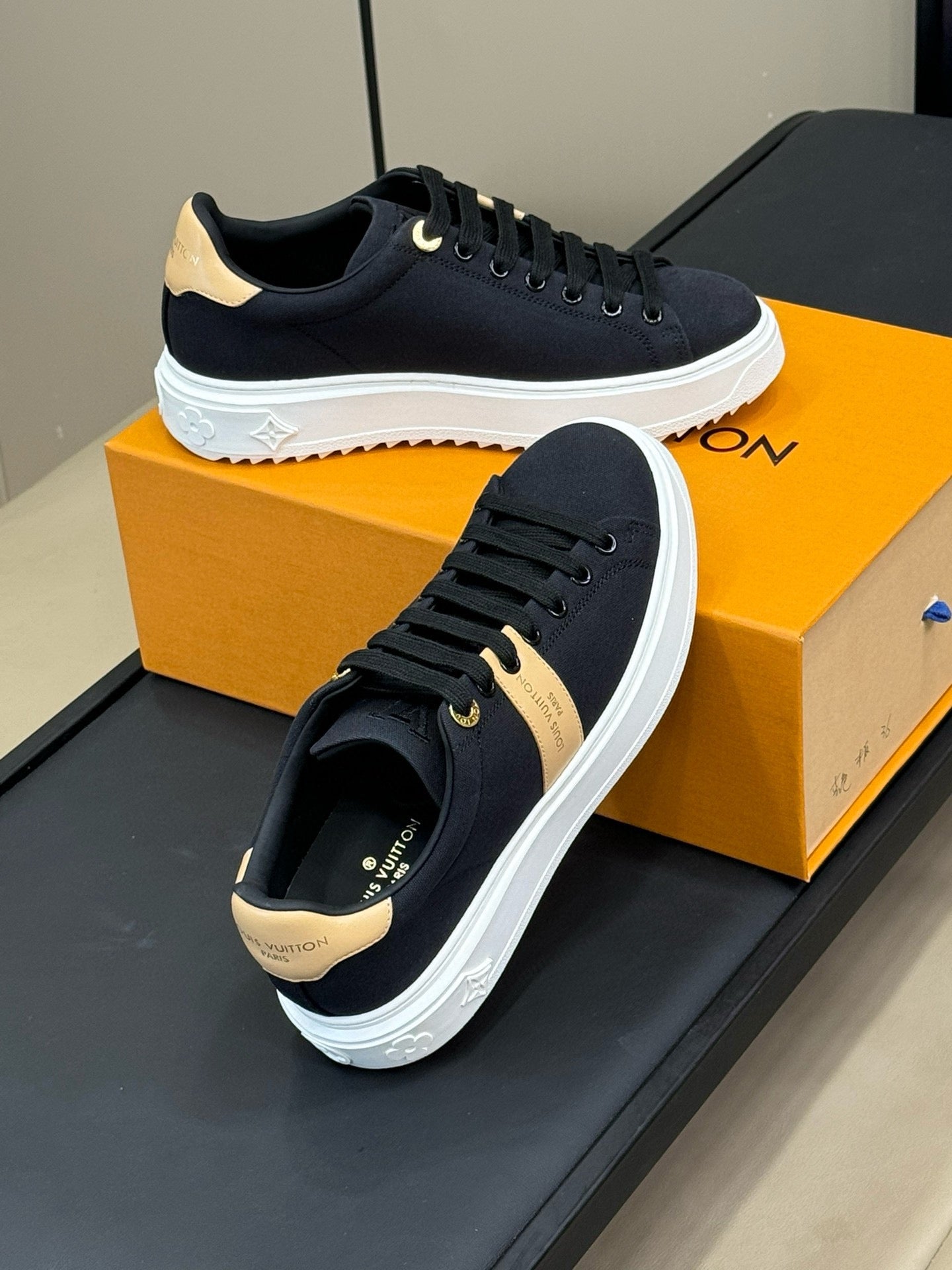 LV TIME OUT SNEAKER IN BLACK MIX MACAROON GOLD CANVAS - 34