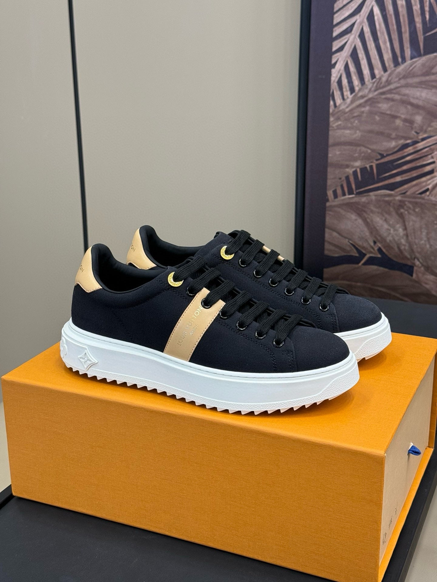 LV TIME OUT SNEAKER IN BLACK MIX MACAROON GOLD CANVAS - 34