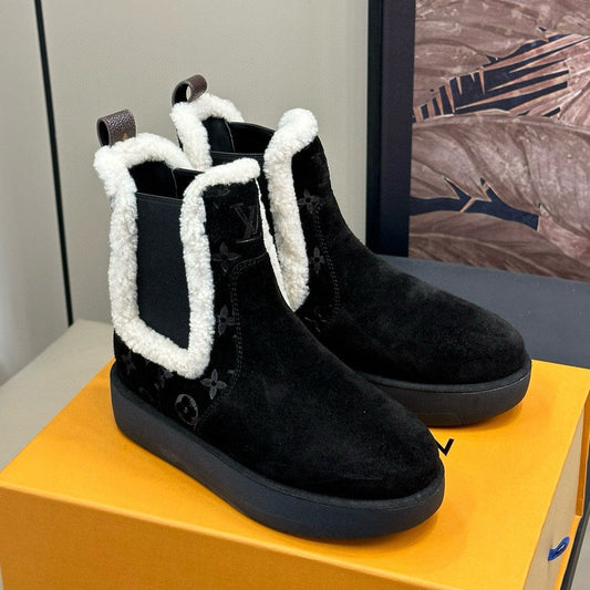 ASPEN CHELSEA ANKLE BOOTS IN BLACK MONOGRAM-DEBOSSED SUEDE - 34