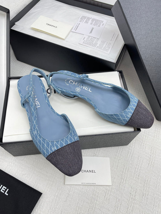 CC SLINGBACK 25S 25 MM IN BLUE DENIM WITH PLAID PATTERN - 35